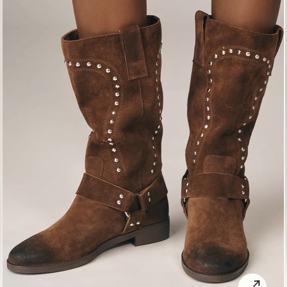 Anthropologie Bibibou Studded Brown Suede Western Moto Boots EU 41 NIB